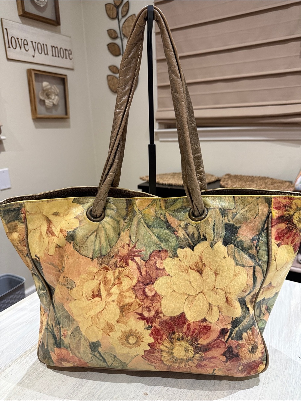 Maurizio Taiuti Yellow Floral Canvas Tote with Brown Handles